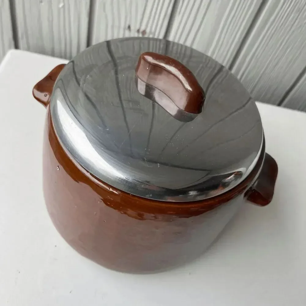 VTG West Bend Brown Glazed Pot Canister Chrome Lid 8.5” Mid Century